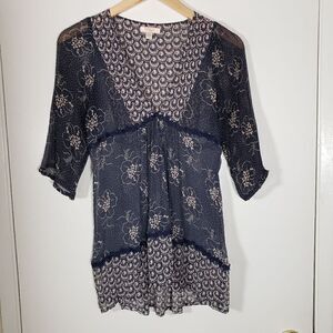 Lux 100% Silk V Neck 3/4 Sleeve Boho Print Sheer Blouse Size S